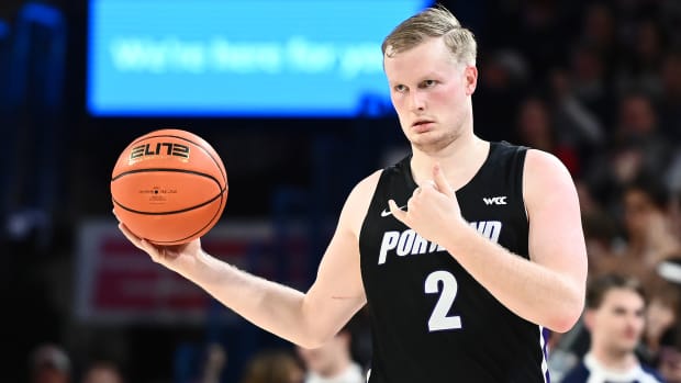 Portland Pilots guard Tyler Robertson (2) controls the ball against the Gonzaga Bulldogs in the first half at McCarthey Athletic Center on January 14, 2023.